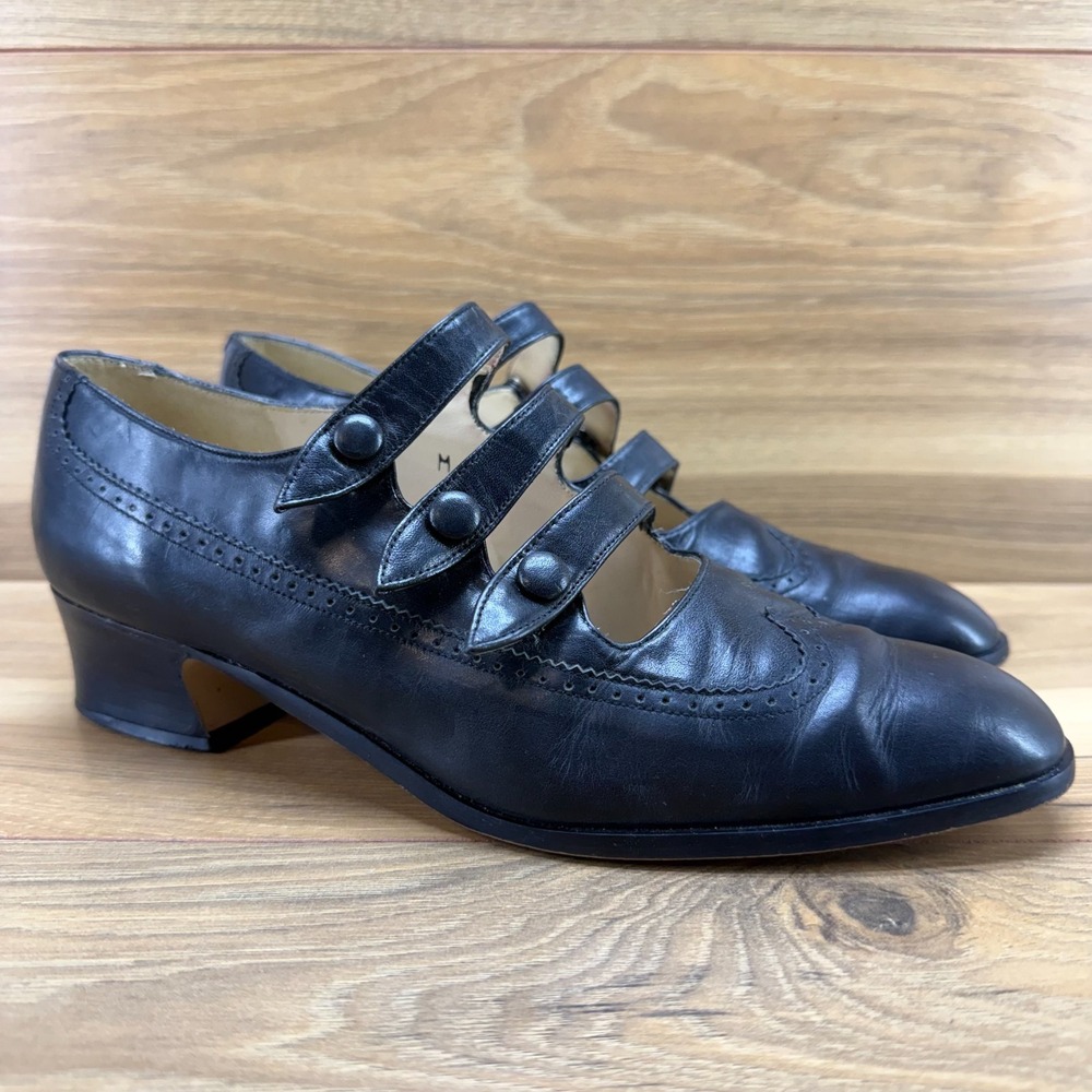 LIZ CLAIBORNE Vintage Victorian Mary Jane Pumps 9 M Black Leather Pinup Wingtip - Picture 3 of 11